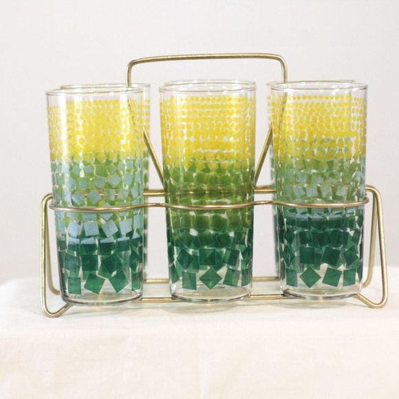 Vtg MCM Pokee Drinking Glass Set Tumbler Holder - Picture 7 of 10